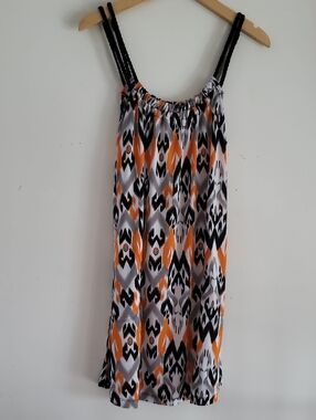 J. Valdi Sleeveless Geometric Print Tank Dress - Black, White & Orange, Size S